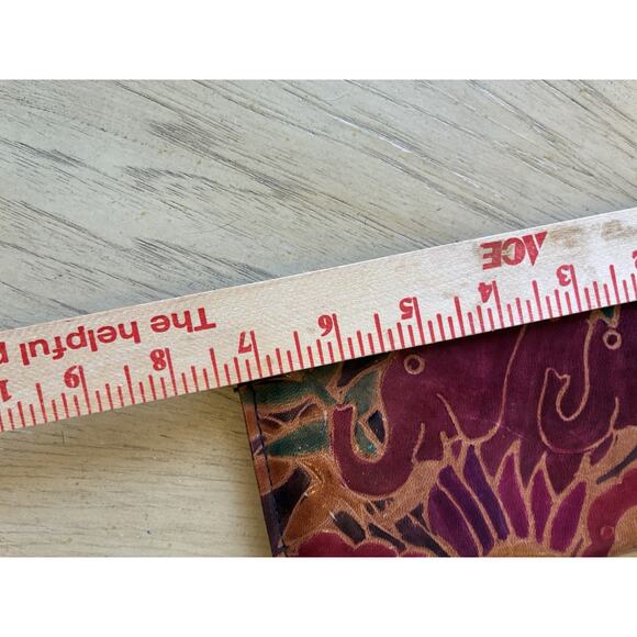 Hand Tooled Leather Wallet Elephants African Clutch Boho Eco Red Brown Handmade - Picture 5 of 9